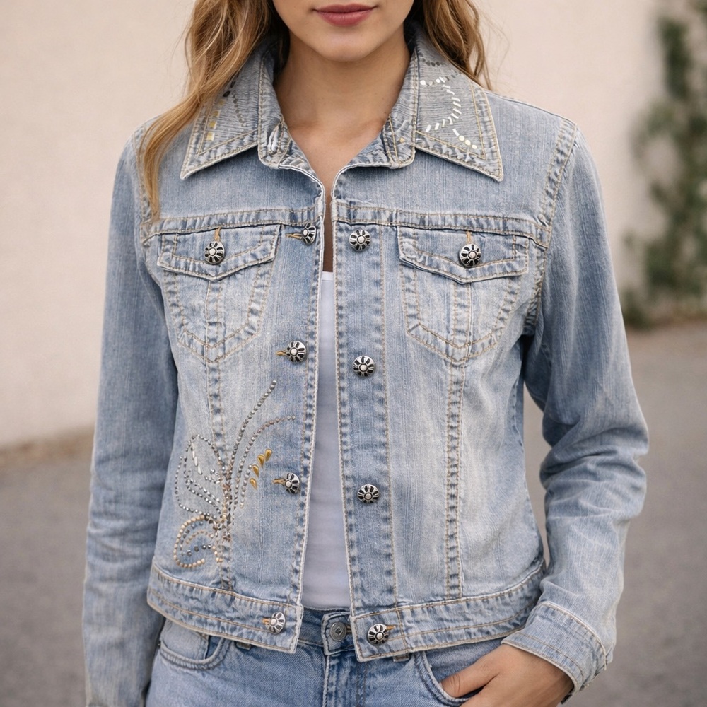 Very Vera Embellished Denim Jacket | Studded Rhinestones | Size S
